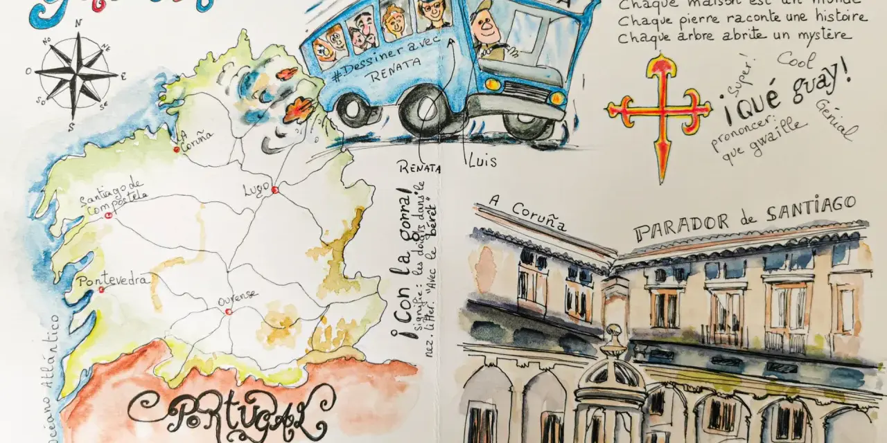 Un dessin de voyage en Galice, avec une carte, un bus "España" et le Parador de Santiago.
