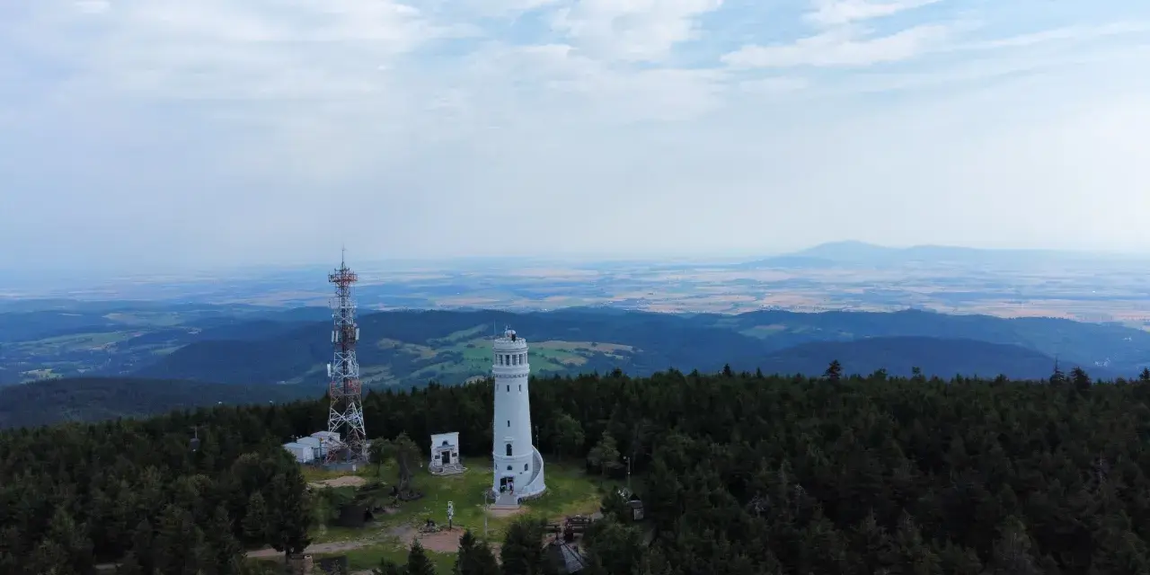 Wieża widokowa niczym wielka sowa, ile się wchodzi, góruje nad lasem. Obok maszt telekomunikacyjny.