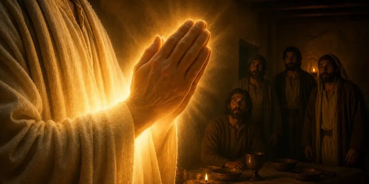 Jesus betet im Licht, seine Hände gefaltet, während Jünger in Johannes 17 Zeugen seiner Herrlichkeit werden.