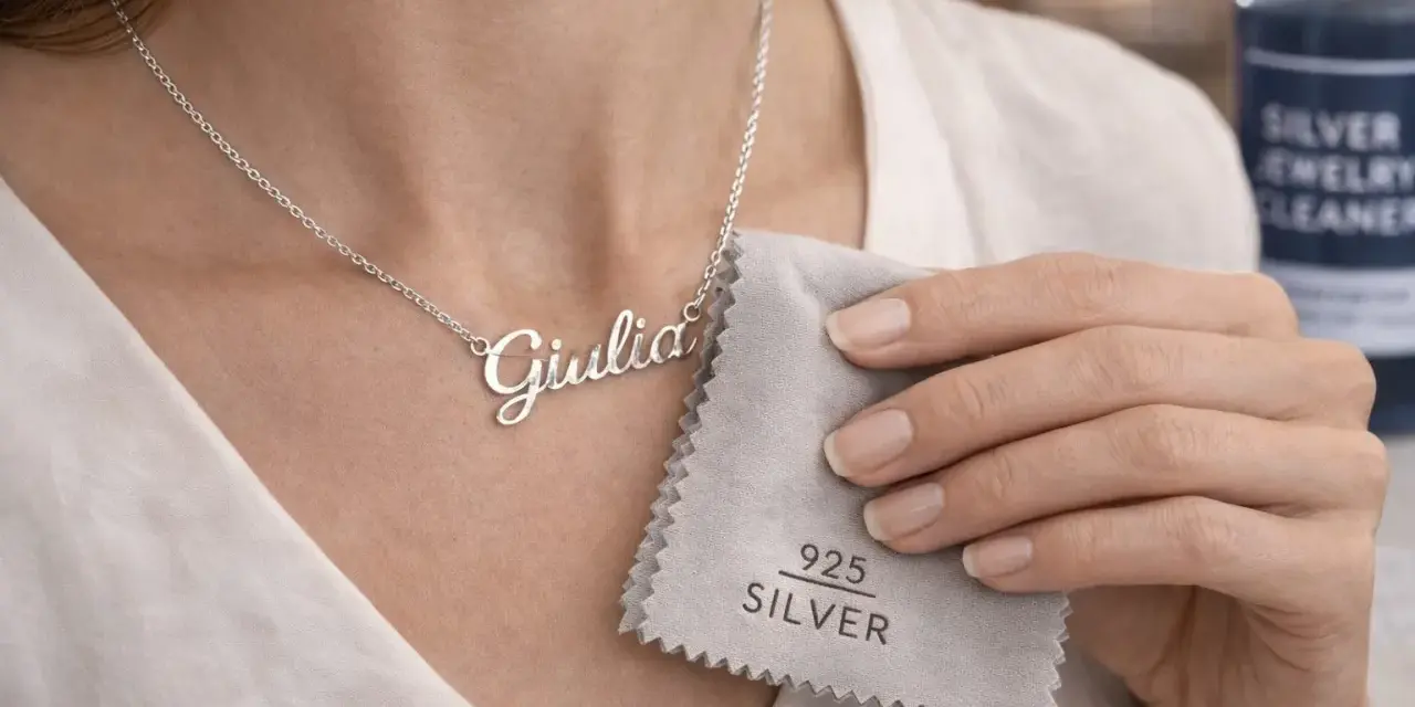 Collana con nome "Giulia" in argento 925, lucidata con un panno apposito. Cos'è il silver? È questo metallo prezioso che brilla.