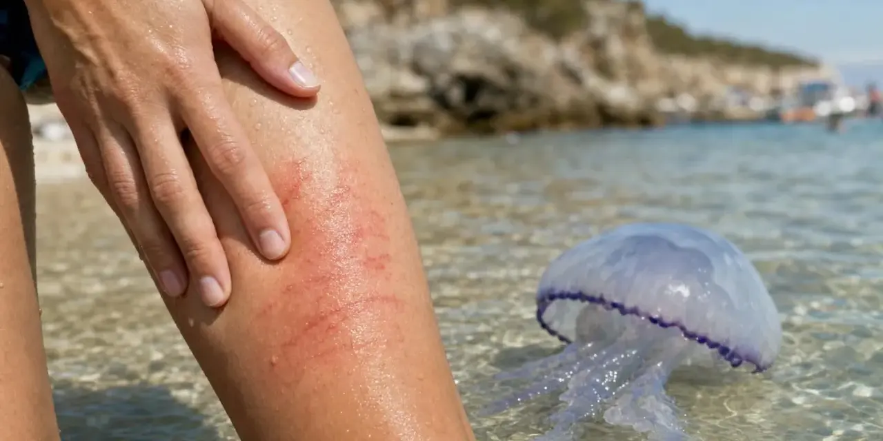 Gamba con eritema da puntura di medusa. Cosa fare in caso di contatto con questi organismi marini.
