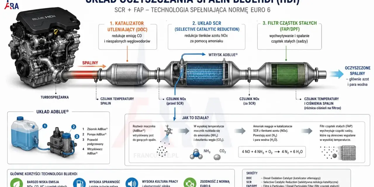 Schemat układu oczyszczania spalin BlueHDI z silnikiem, katalizatorami i filtrem cząstek stałych.