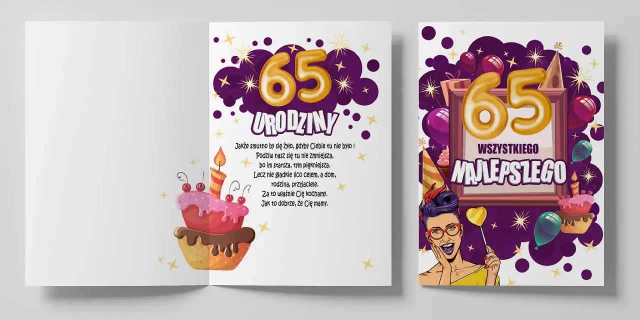 Wesołe życzenia na 65 urodziny z tortem i balonami. Sto lat!