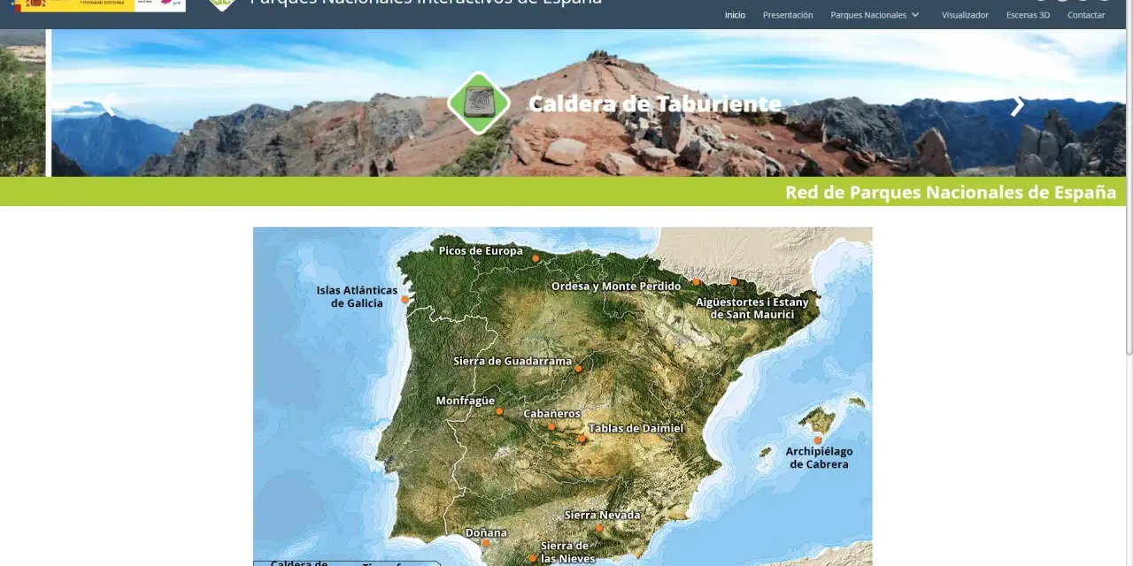 Mapa interactivo de los parques nacionales de España, mostrando la Caldera de Taburiente y otros destinos.