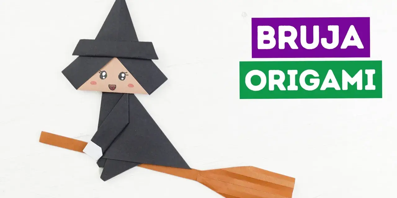 Bruja de origami volando en escoba, ideal para manualidades de Halloween con papel.