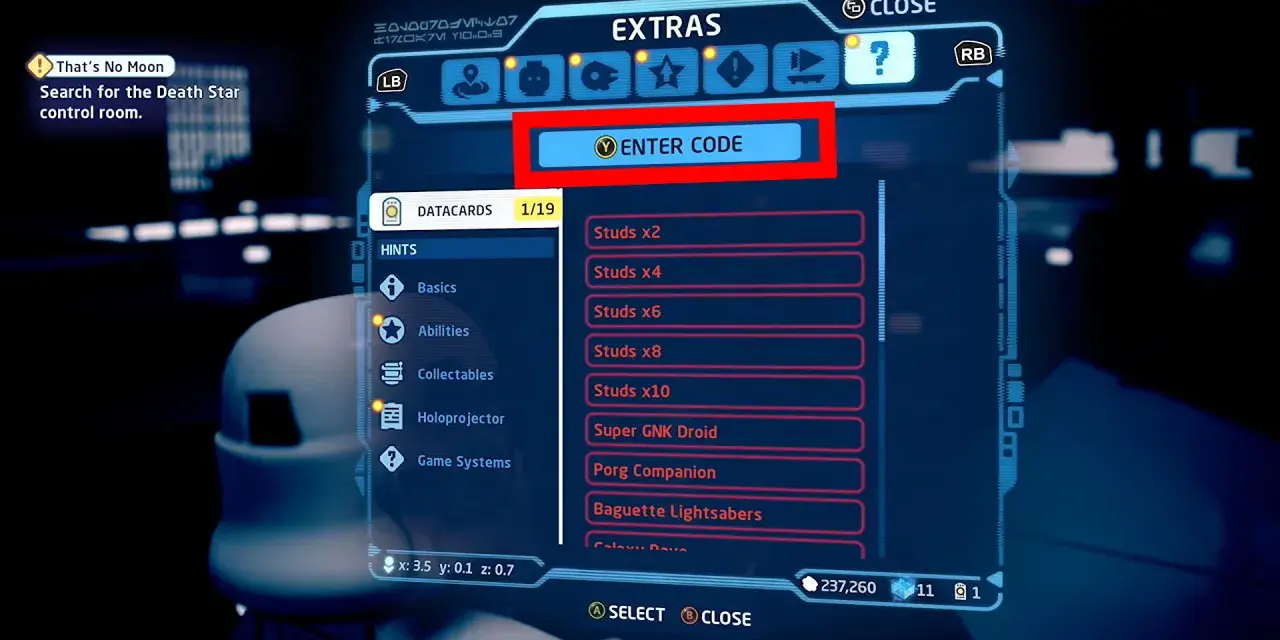 Pantalla de extras en LEGO Star Wars: The Skywalker Saga. Se muestra la opción "ENTER CODE" para introducir códigos.