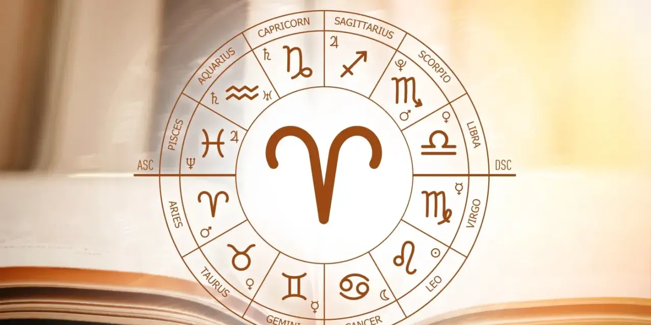 Koło zodiaku z symbolem Barana w centrum. Wokół widnieją nazwy znaków i ich symbole. To jakby podręcznik dla każdego mężczyzny Barana.