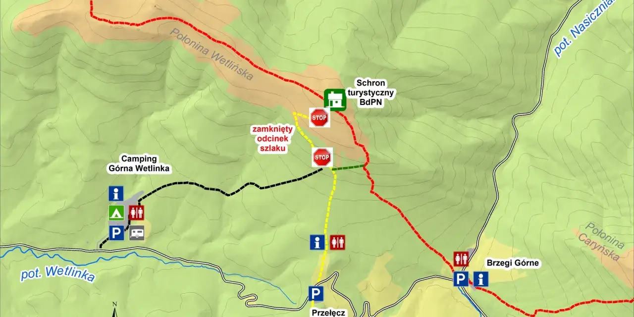 Mapa turystyczna z zaznaczoną trasą do Chatki Puchatka. Widoczny camping, schronisko, parking i zamknięty odcinek szlaku.