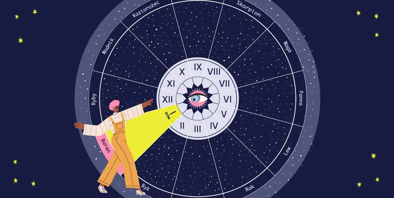 Osoba wskazuje na pierwszy dom astrologiczny w kole zodiaku, otoczonym gwiazdami.