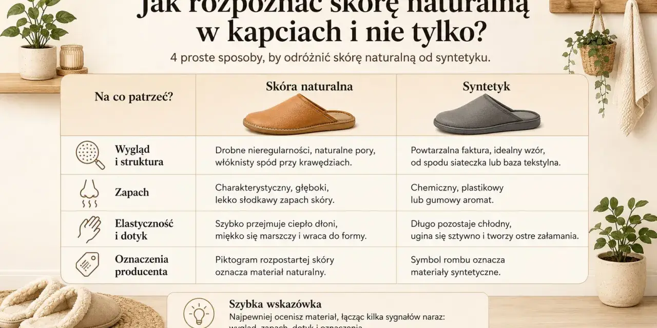 Tabela porównuje skórę naturalną i syntetyk, wyjaśniając, jak rozpoznać skórę ekologiczną co to jest, po wyglądzie, zapachu i dotyku.