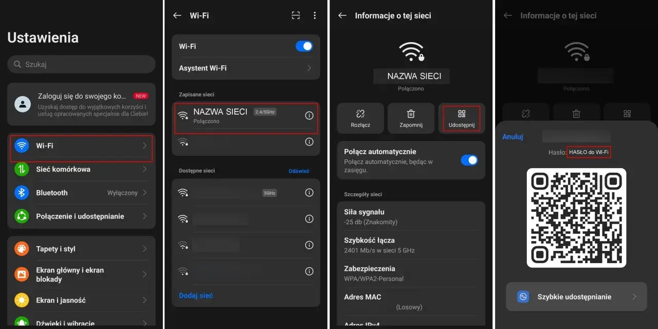 Jak sprawdzić SSID w telefonie? Ekran pokazuje ustawienia Wi-Fi, gdzie nazwa sieci (SSID) jest widoczna. Można też udostępnić hasło.