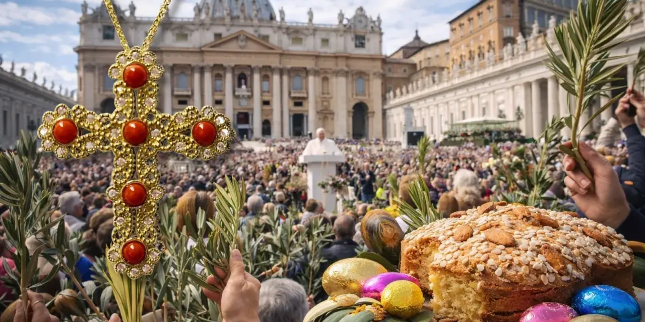 A jeweled cross, palm branches, and Easter treats in front of a crowd gathered for Holy Week in Italy.