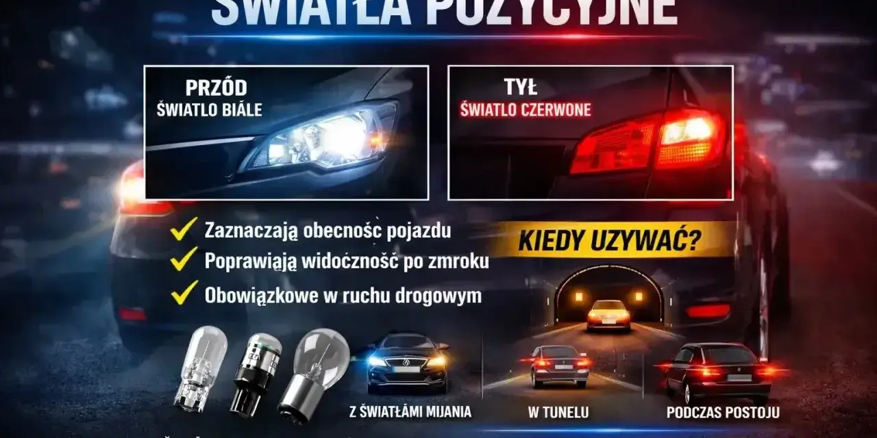 Światła pozycyjne: białe z przodu, czerwone z tyłu. Zapewniają widoczność i bezpieczeństwo na drodze.