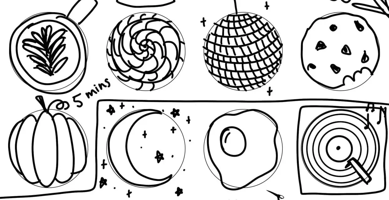 Dessin au trait d'objets divers : tasse, citrouille, lune, œuf au plat, disque vinyle. L'artiste semble être à court d'idée, mais le style est charmant.