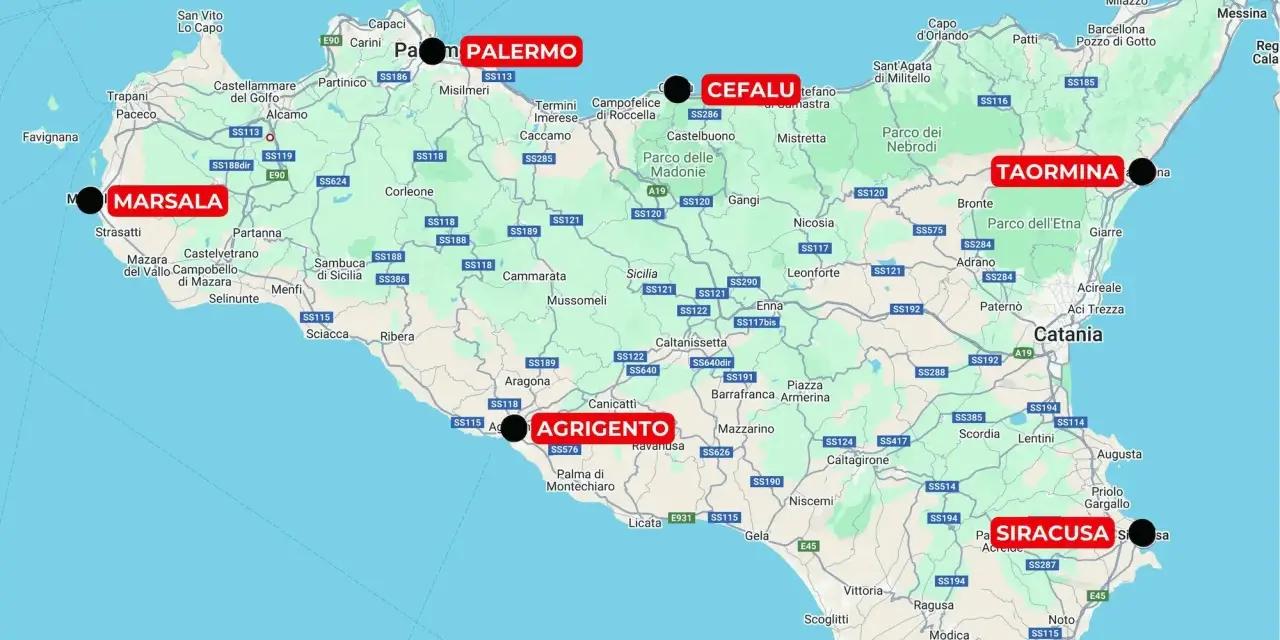 Itinerario di 10 giorni in Sicilia in moto: da Marsala a Siracusa, passando per Palermo, Agrigento e Taormina.