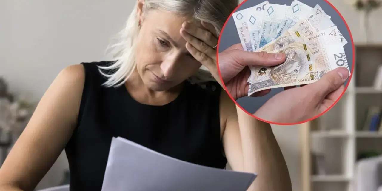 Zmartwiona kobieta czyta dokument, a w kółku dłoń pokazuje banknoty. Może to oznaczać karę grzywny za wykroczenie skarbowe.