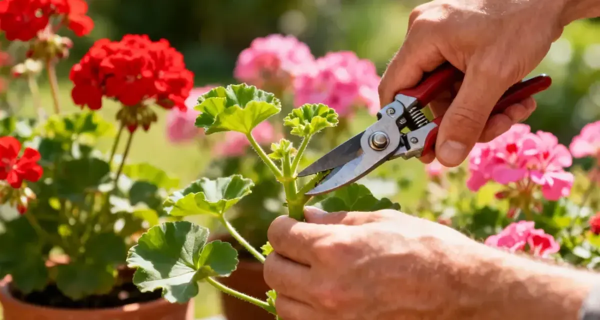 Dłonie przycinają pędy pelargonii, by zachęcić je do bujniejszego wzrostu. W tle kwitnące geranium w doniczkach.