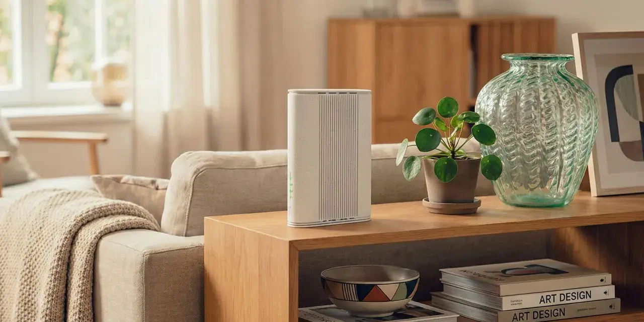 En stilren router på ett sidobord i vardagsrummet, redo för tv via mobilt bredband. En grön vas och en krukväxt ger liv åt inredningen.