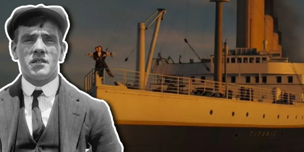 Młody mężczyzna w czapce i garniturze obok sceny z filmu Titanic, gdzie para stoi na dziobie statku.