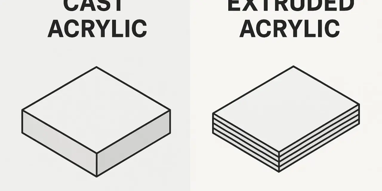 Comparison of extruded vs cast acrylic. Cast acrylic is a solid block, while extruded acrylic shows distinct layers.