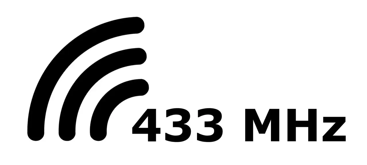 Svart symbol med tre vågformade linjer och texten "433 MHz".
