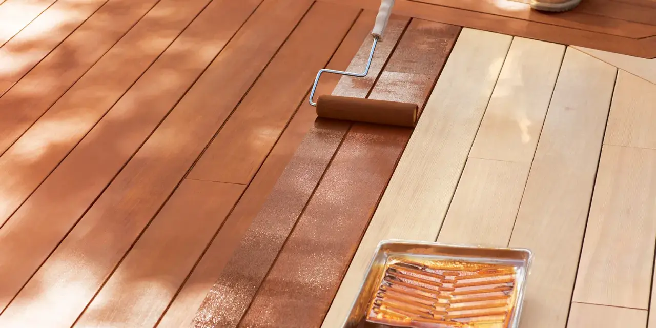 Aplicando protector para proteger madera exterior. Un rodillo extiende el líquido sobre las tablas de madera de una terraza.