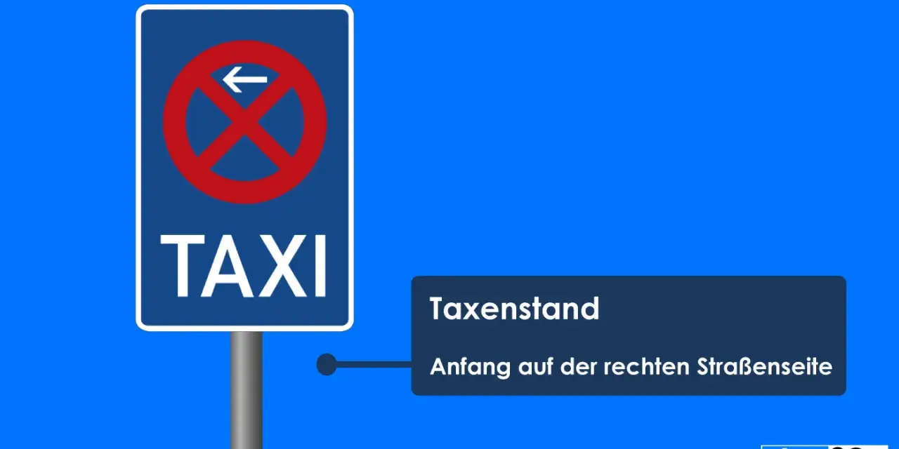 Verkehrsschild "TAXI" mit Pfeil nach links und rotem Verbotsschild. Text: "Taxenstand. Anfang auf der rechten Straßenseite.