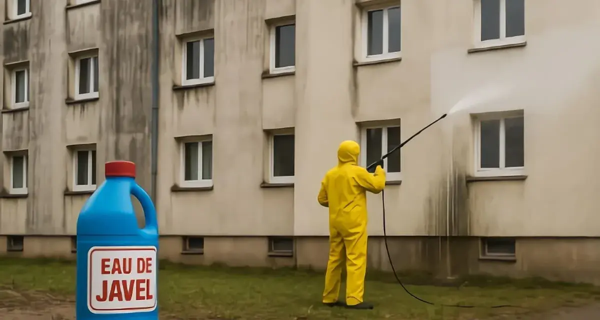 Person en tenue jaune effectuant un nettoyage facade eau de javel sur un mur sale. Une grande bouteille d'eau de javel est posée au sol.