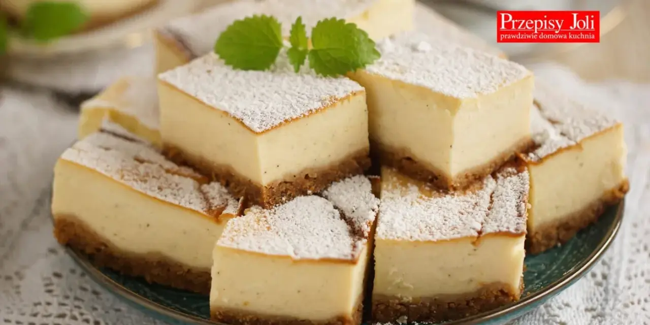 Pyszny sernik z mascarpone i budyniem, posypany cukrem pudrem. Idealny przepis na domowe ciasto.