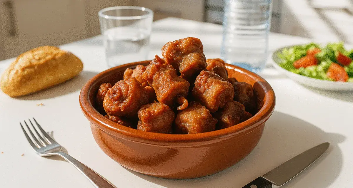 Un cuenco de rabo de cerdo frito, servido con pan, ensalada y agua.