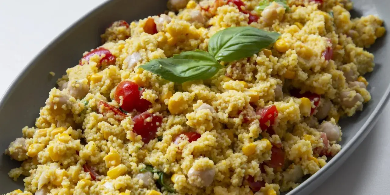 Un piatto colorato con la ricetta cous cous: chicchi dorati, pomodorini, mais e ceci, guarnito con foglie di basilico fresco.