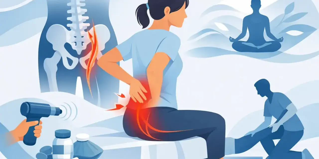 Douleur sciatique fessier que faire ? Illustration montrant une femme souffrant de sciatique, avec des traitements comme la physiothérapie, la méditation et des médicaments.