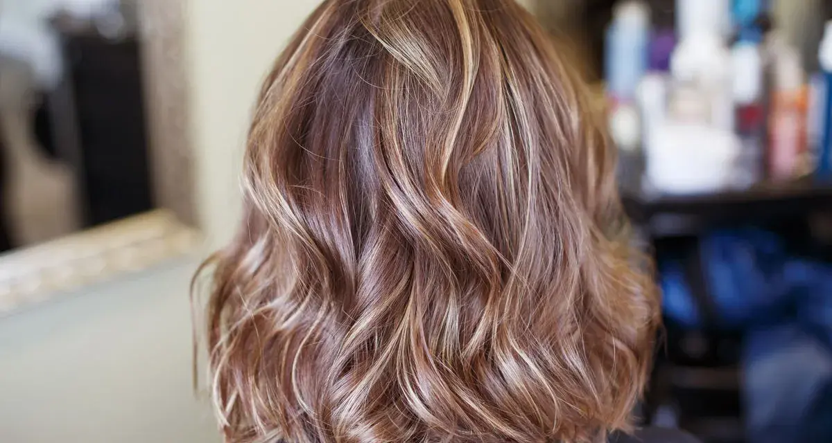 Piękne, falowane włosy z subtelnymi refleksami blond, które dodają im głębi i blasku.
