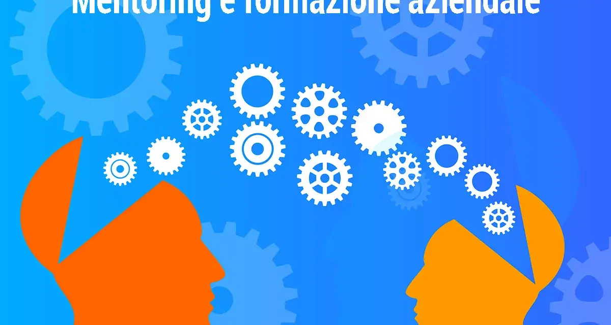 Due profili arancioni stilizzati, con la testa aperta, si fronteggiano. In alto, ingranaggi bianchi simboleggiano il mentoring significato e la formazione aziendale.