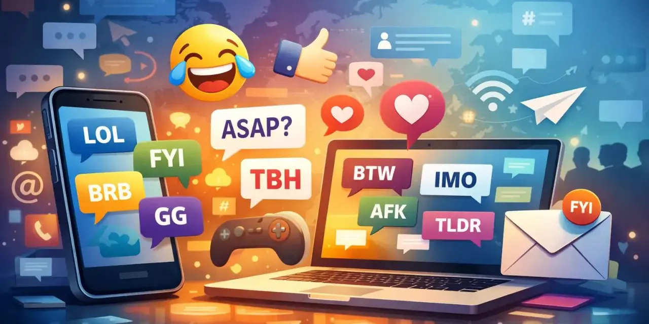 Digitale Kommunikation mit vielen Abkürzungen wie LOL, FYI, BRB, GG, ASAP, TBH, BTW, IMO, AFK, TLDR. Was bedeutet HZM Jugendsprache? Hier sind Beispiele!