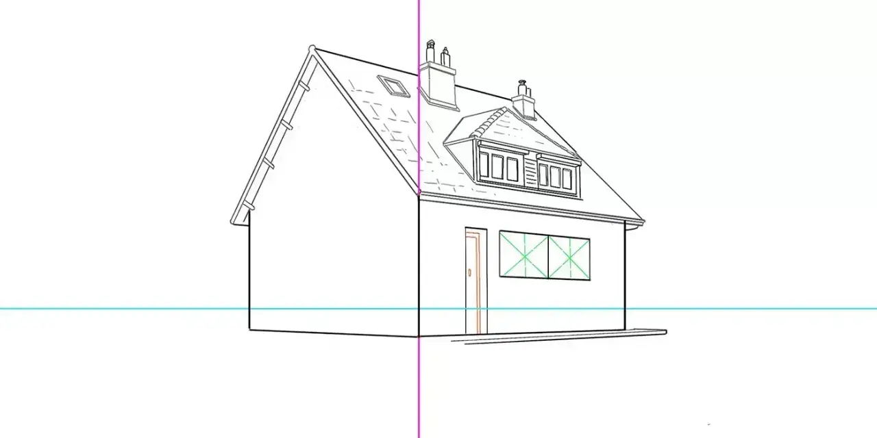 Un dessin d'architecture facile montrant une maison avec une ligne de perspective.