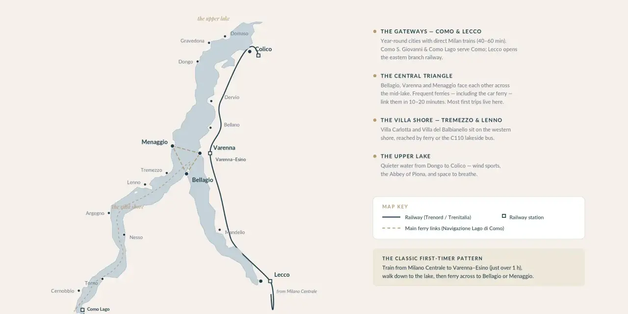 Mappa del lago di Como con indicati i collegamenti in treno e traghetto, ideale per un viaggio in moto sul lago di Como.