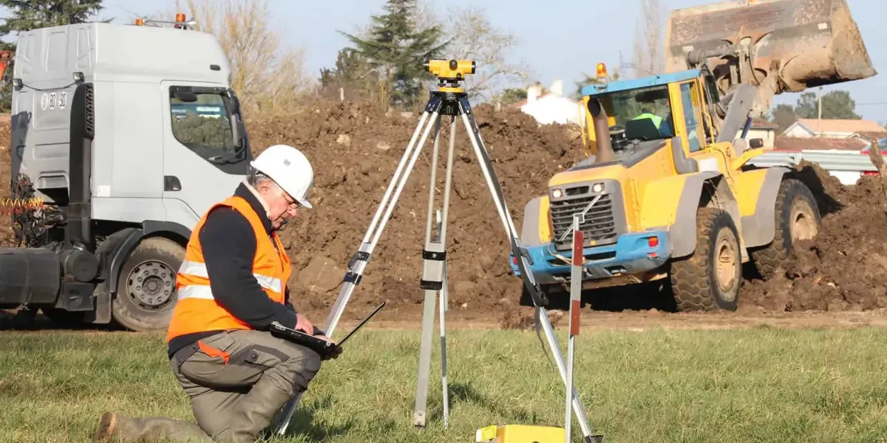 Geodeta w kamizelce odblaskowej nadzoruje odwierty geologiczne pod budowę domu. W tle koparka i ciężarówka.
