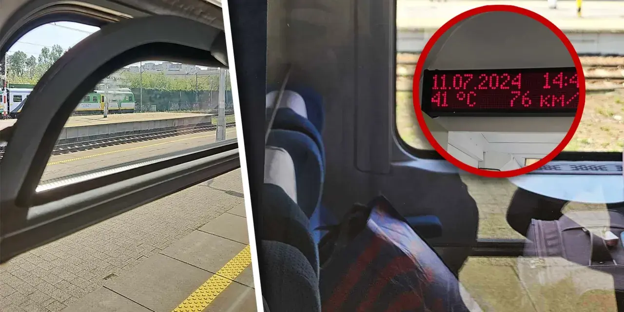 Warszawa awaria pociągów. W upalny dzień 11.07.2024, 14:40, pociąg stoi na stacji, temperatura 41°C, prędkość 76 km/h.