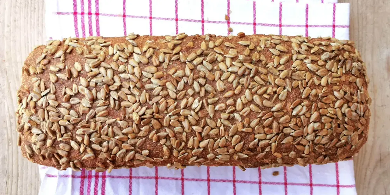 Ein rustikales Brot, bedeckt mit vielen Sonnenblumenkernen, liegt auf einem karierten Küchentuch.