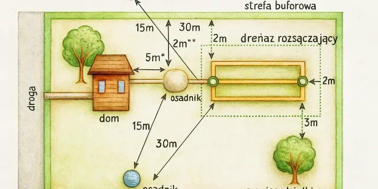 Schemat działki z domem, studnią i dwoma osadnikami. Pokazuje odległości od domu do studni (15m) i osadników (5m, 15m, 30m), a także drenaż rozsączający w strefie buforowej.