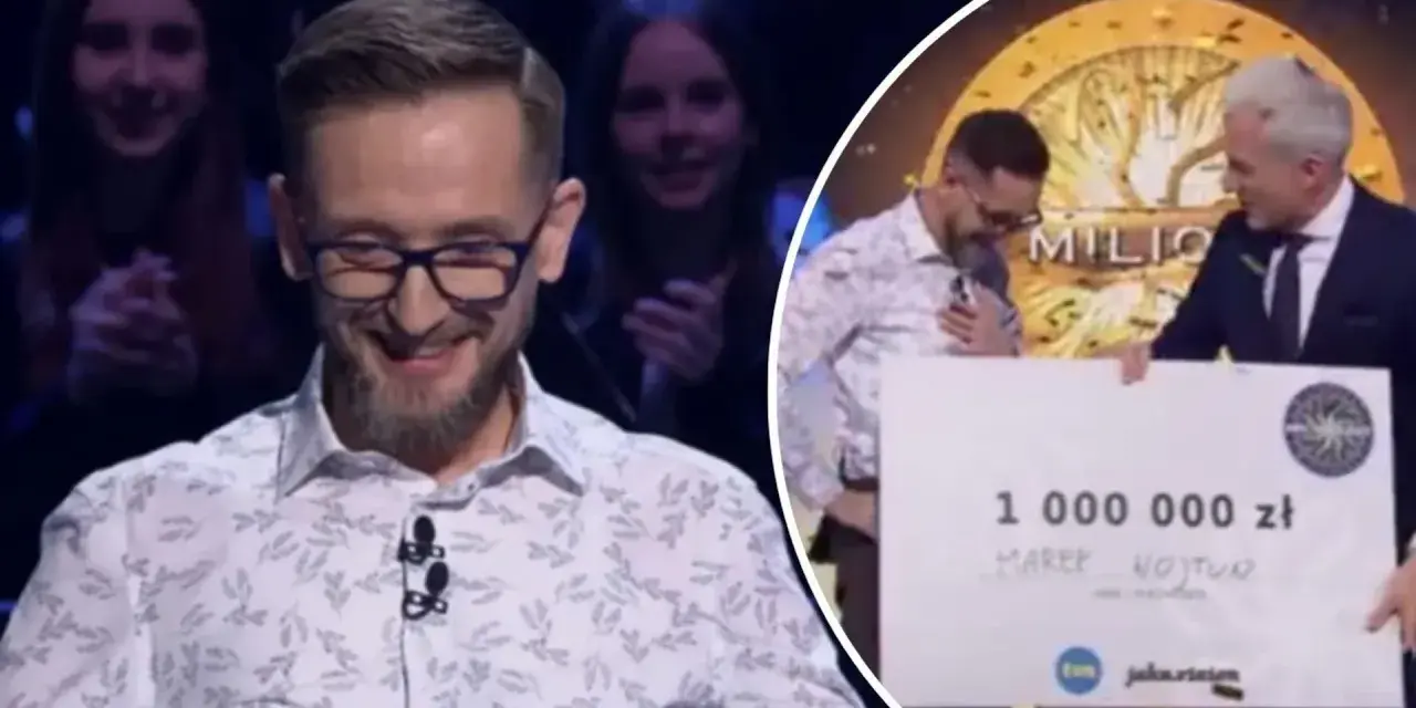 Marek Wojtun wygrał milion w Milionerach! Uśmiechnięty uczestnik odbiera czek z nagrodą.