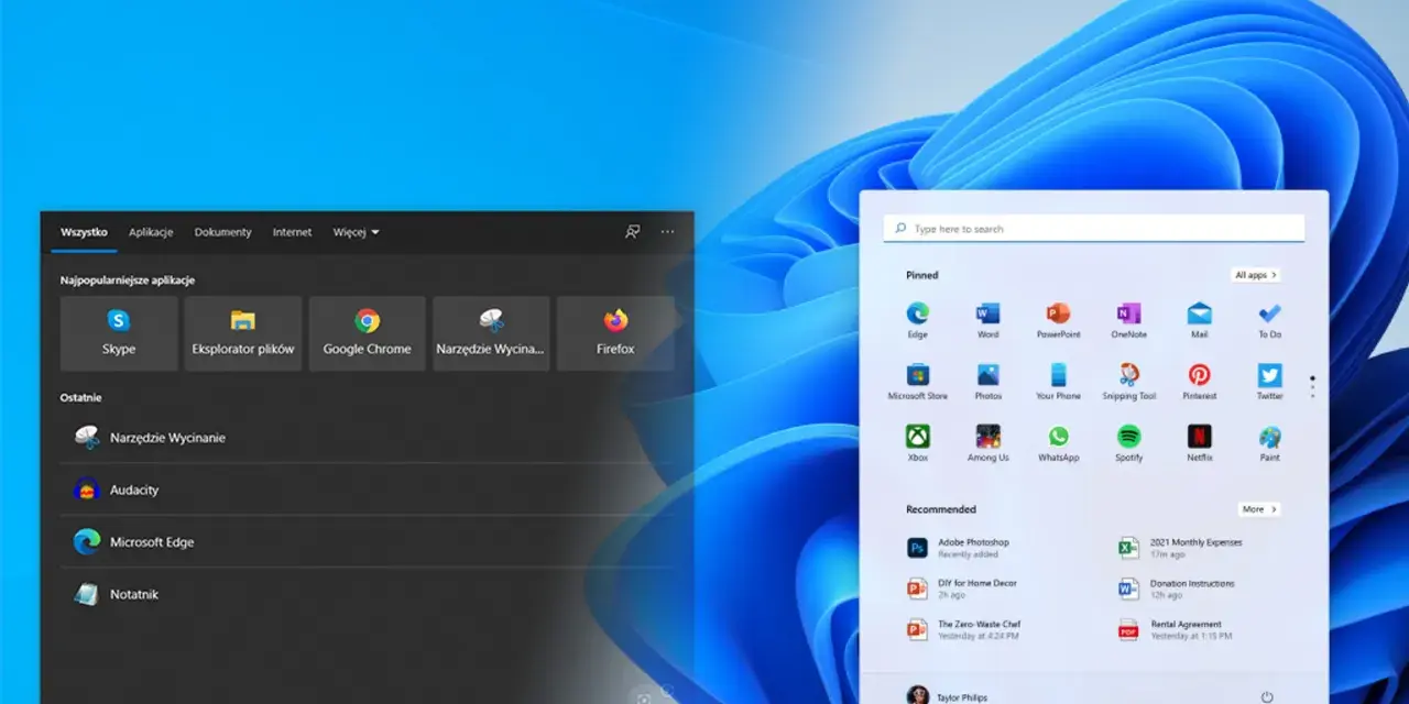 Porównanie interfejsów Windows 10 i 11, z menu start i ikonami aplikacji. Który system lepszy do gier?