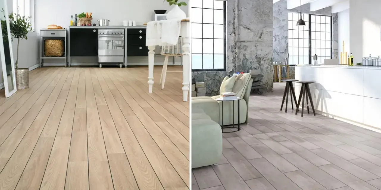 Dos ambientes modernos: cocina con tarima de madera clara y salón con tarima gris, ambas con bisel.