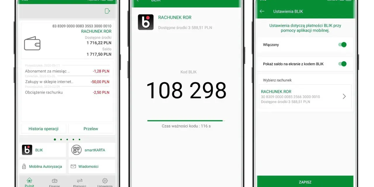 Trzy ekrany smartfonów pokazujące aplikację bankową z kodem BLIK i ustawieniami.