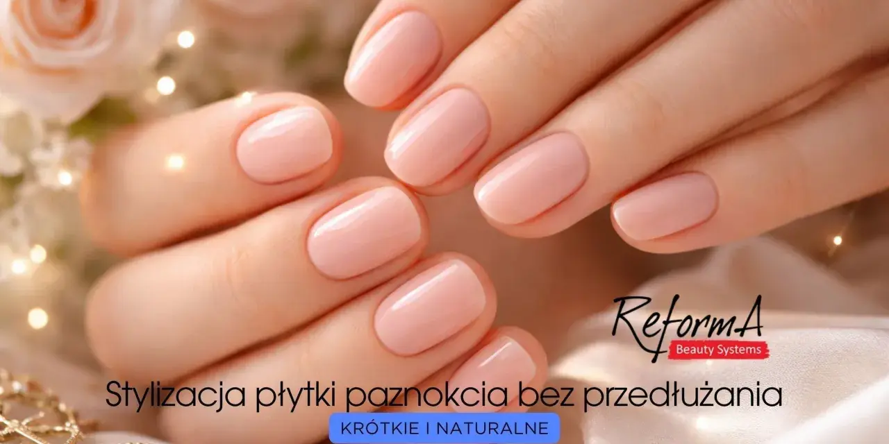 Delikatna hybryda na krótkich paznokciach w odcieniu nude. Stylizacja podkreśla naturalne piękno dłoni.