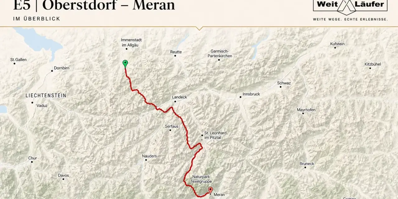 Karte zeigt die Route von Oberstdorf nach Meran durch die Alpen, vorbei an Immenstadt, Landeck und dem Naturpark Texelgruppe.