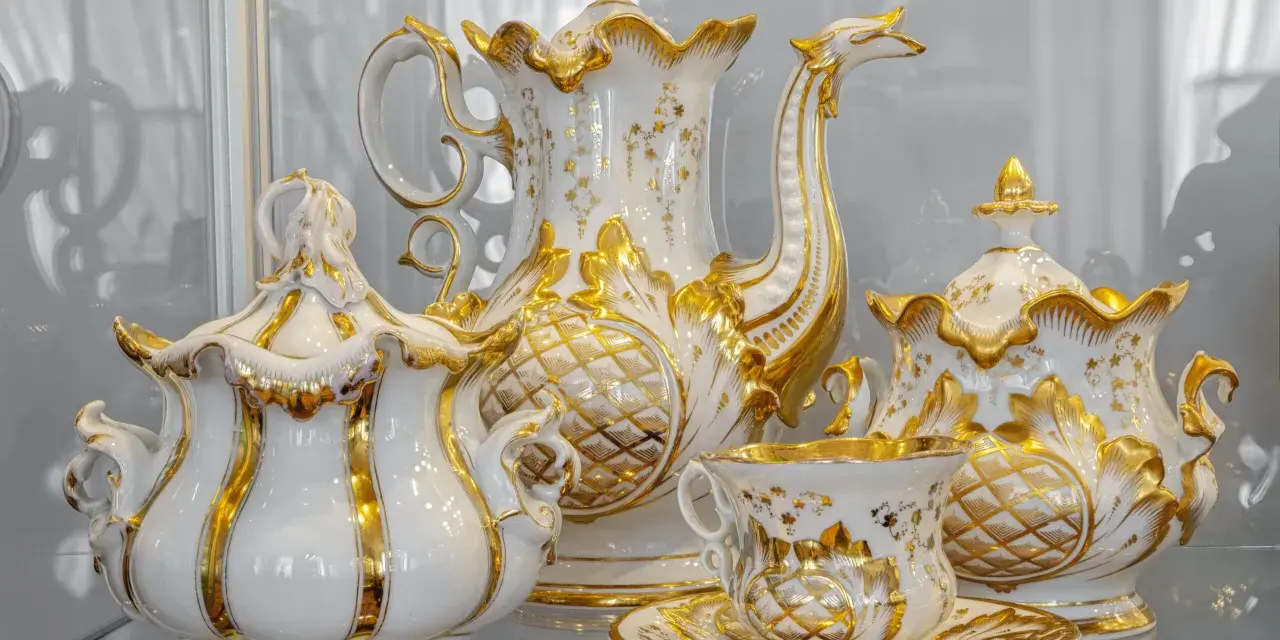 Elegancka zastawa kawowa z Muzeum Porcelany Wałbrzych, zdobiona złotem i motywami roślinnymi, zachwyca kunsztem wykonania.