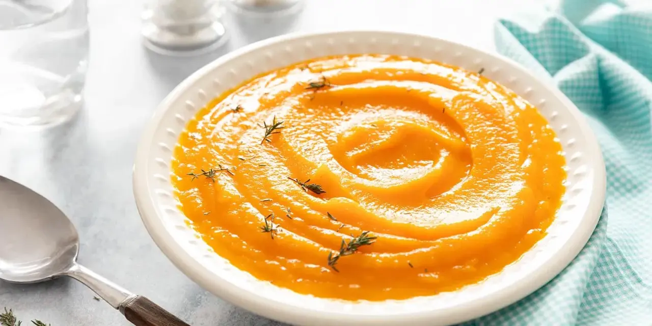 Un bol de velouté de purée de butternut, garni de thym frais, prêt à être dégusté avec une cuillère en argent.