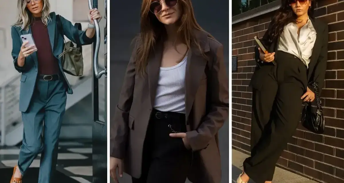 Elegancka stylizacja do pracy: trzy kobiety w garniturach, każda prezentuje inny, modny zestaw.